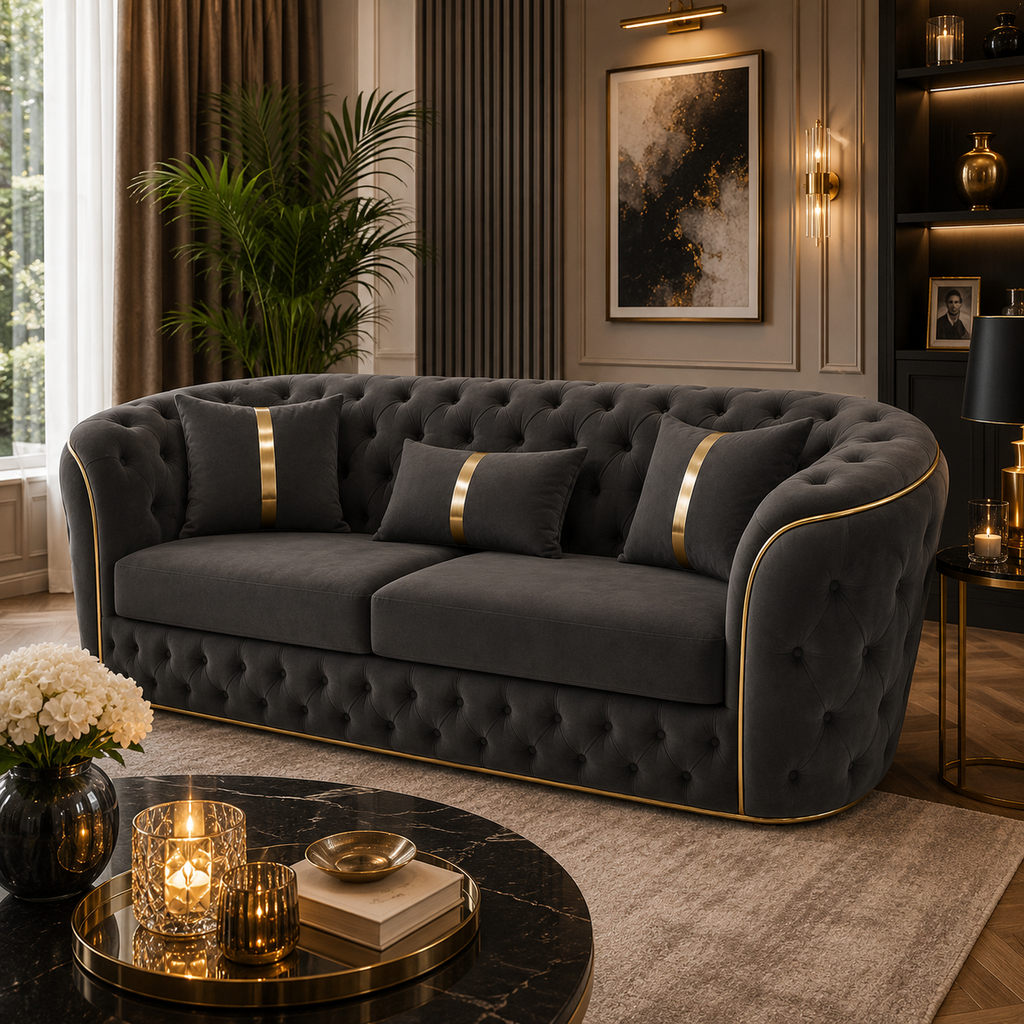 Madrid Chesterfield 2 Seater Plush Velvet Dark Grey Sofa - Detailed Angle View 4