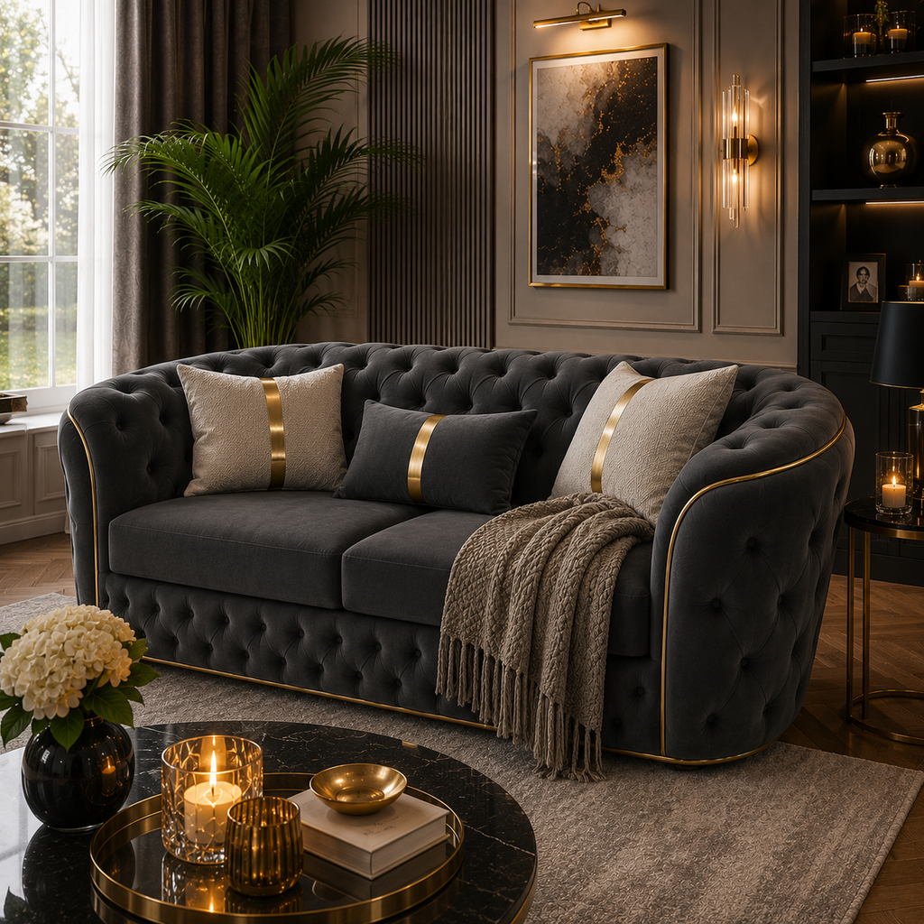Madrid Chesterfield 2 Seater Plush Velvet Dark Grey Sofa - Detailed Angle View 5
