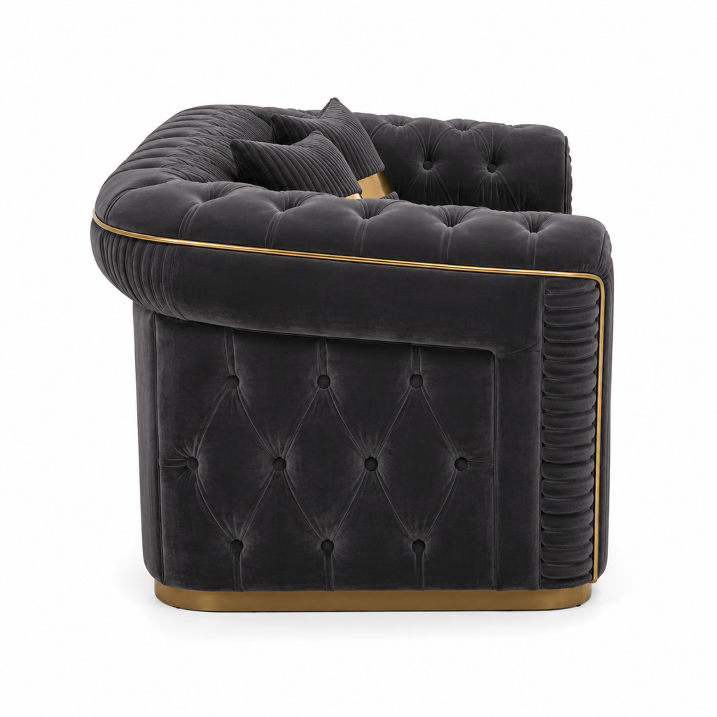 Madrid Chesterfield 2 Seater Plush Velvet Dark Grey Sofa - Detailed Angle View 2