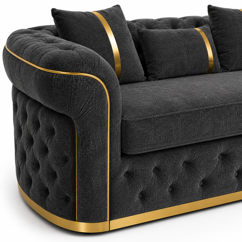 Madrid Chesterfield 3 Seater Chenille Dark Grey Sofa - Detailed Angle View 3