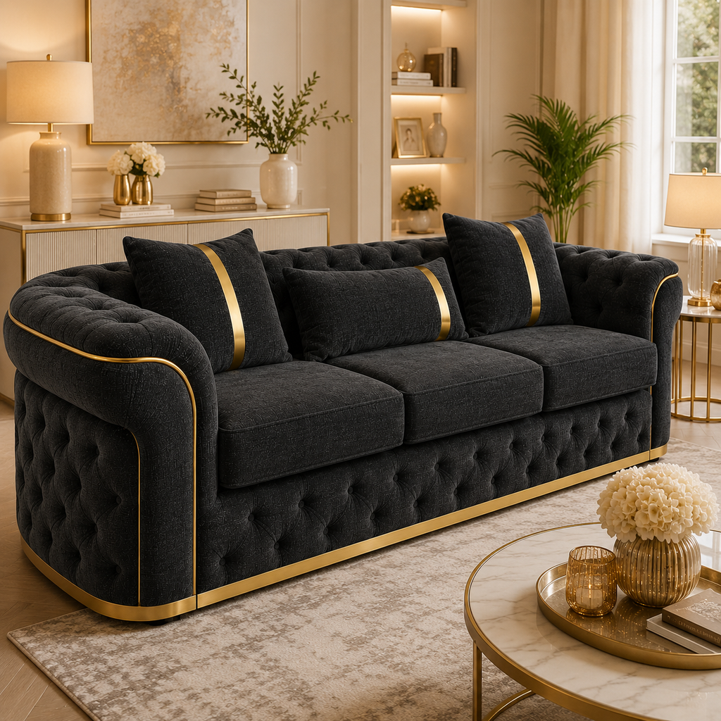 Madrid Chesterfield 3 Seater Chenille Dark Grey Sofa - Detailed Angle View 4