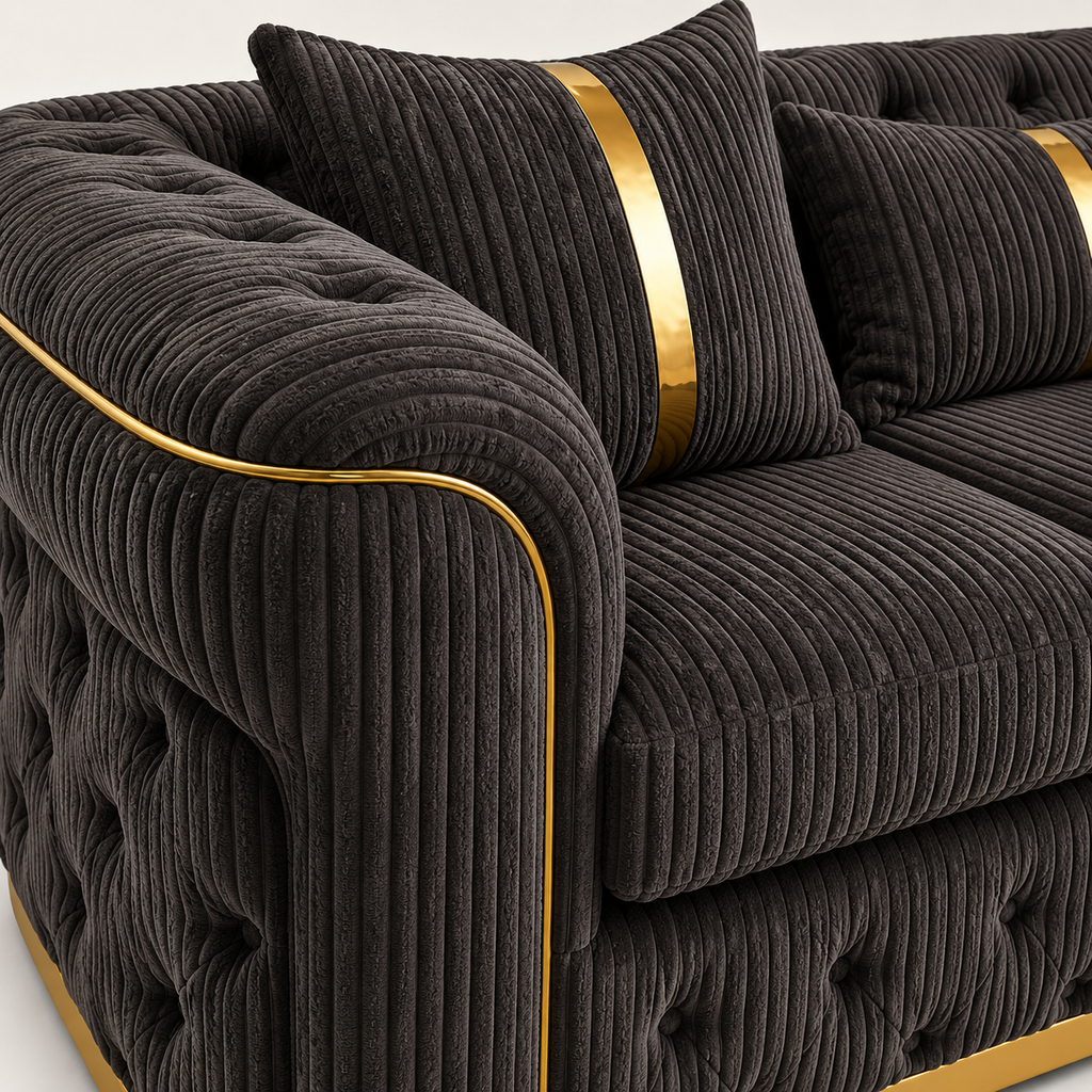 Madrid Chesterfield 3 Seater Jumbo Cord Dark Grey Sofa - Detailed Angle View 3