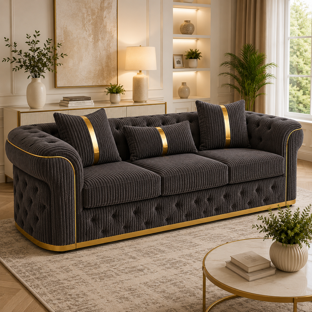Madrid Chesterfield 3 Seater Jumbo Cord Dark Grey Sofa - Detailed Angle View 4