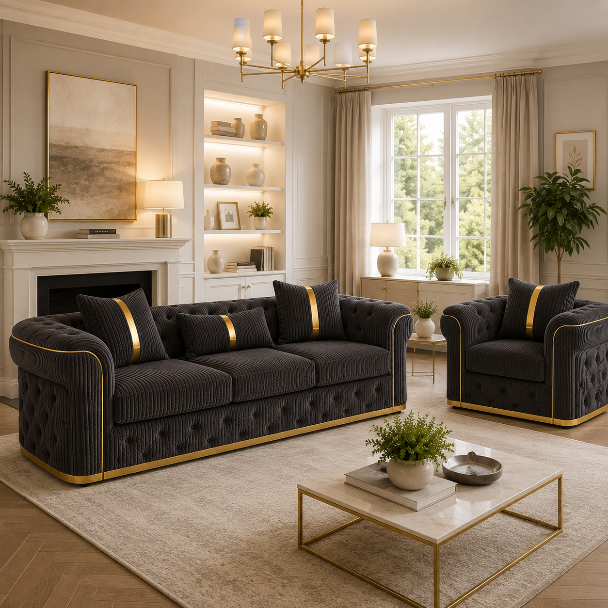 Madrid Chesterfield 3 Seater Jumbo Cord Dark Grey Sofa - Detailed Angle View 5