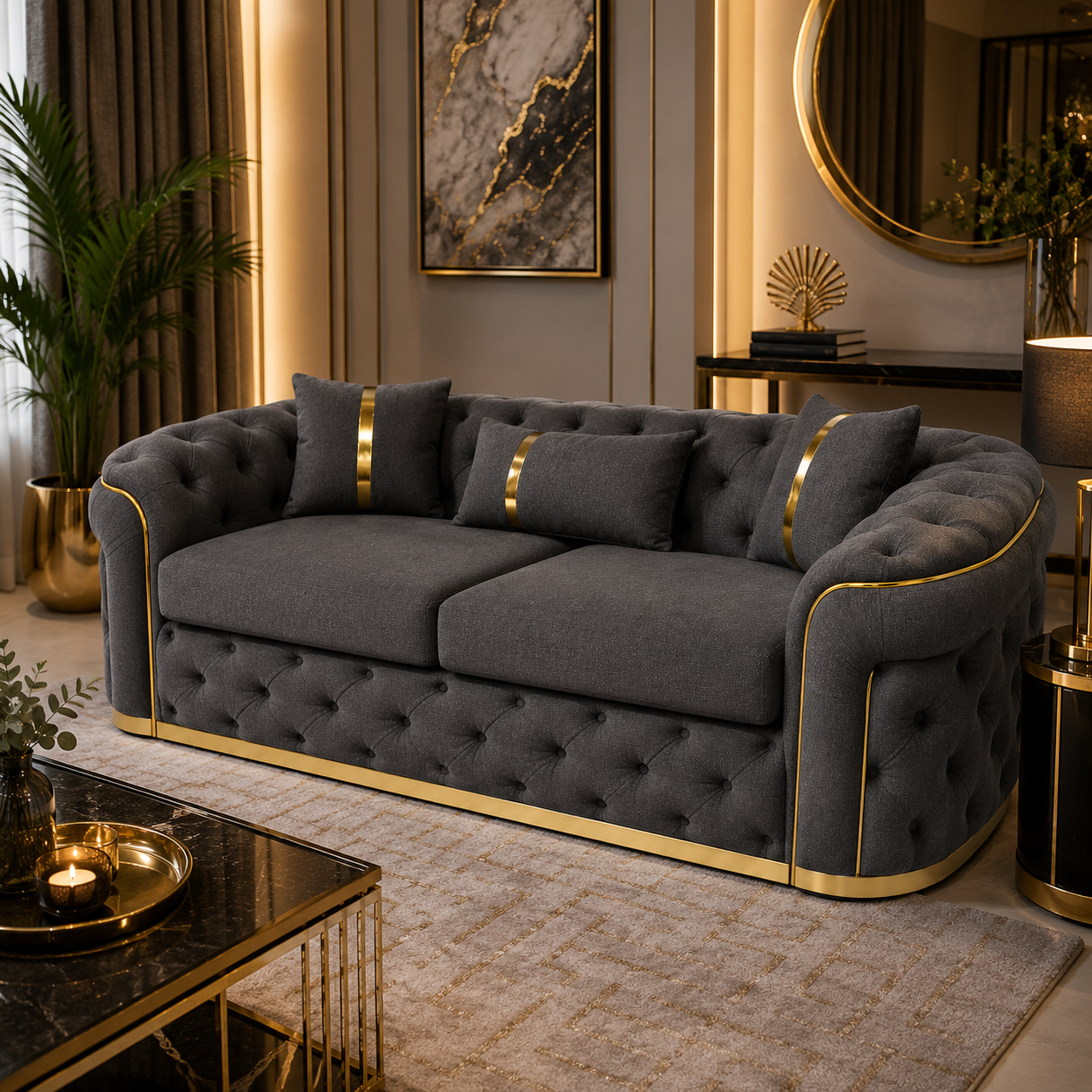 Madrid Chesterfield 3 Seater Naples & Kinsington Dark Grey Sofa - Detailed Angle View 4