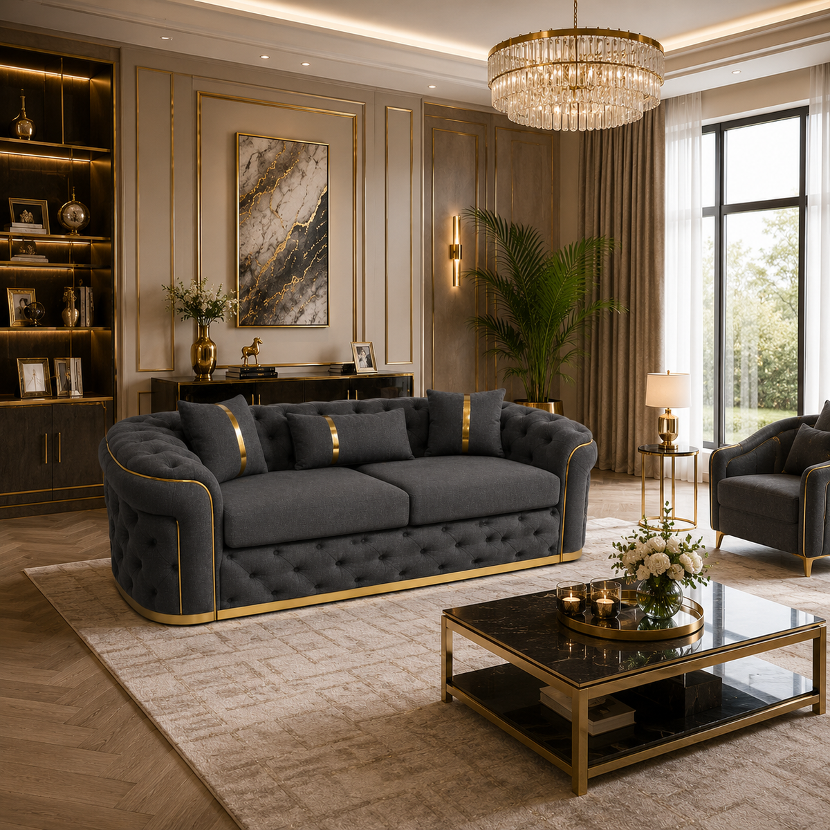 Madrid Chesterfield 3 Seater Naples & Kinsington Dark Grey Sofa - Detailed Angle View 5