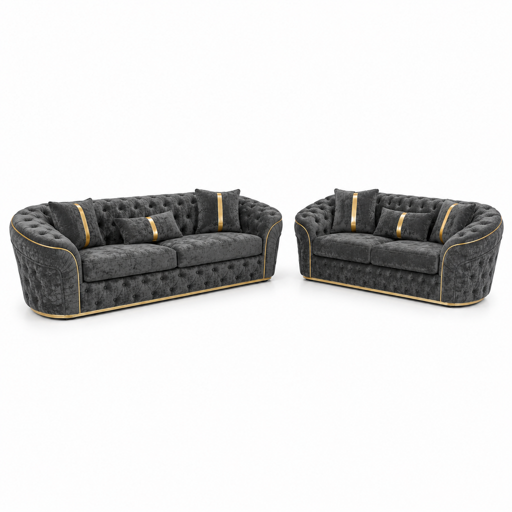 Madrid Chesterfield 3+2 Seater Chenille Dark Grey Sofa Set - Luxury UK Living Room Showcase