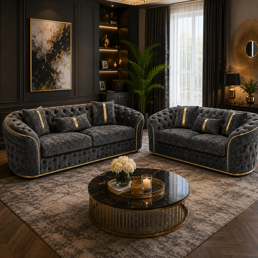 Madrid Chesterfield 3+2 Seater Chenille Dark Grey Sofa Set - Detailed Angle View 4