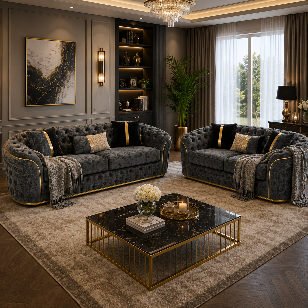 Madrid Chesterfield 3+2 Seater Chenille Dark Grey Sofa Set - Detailed Angle View 5
