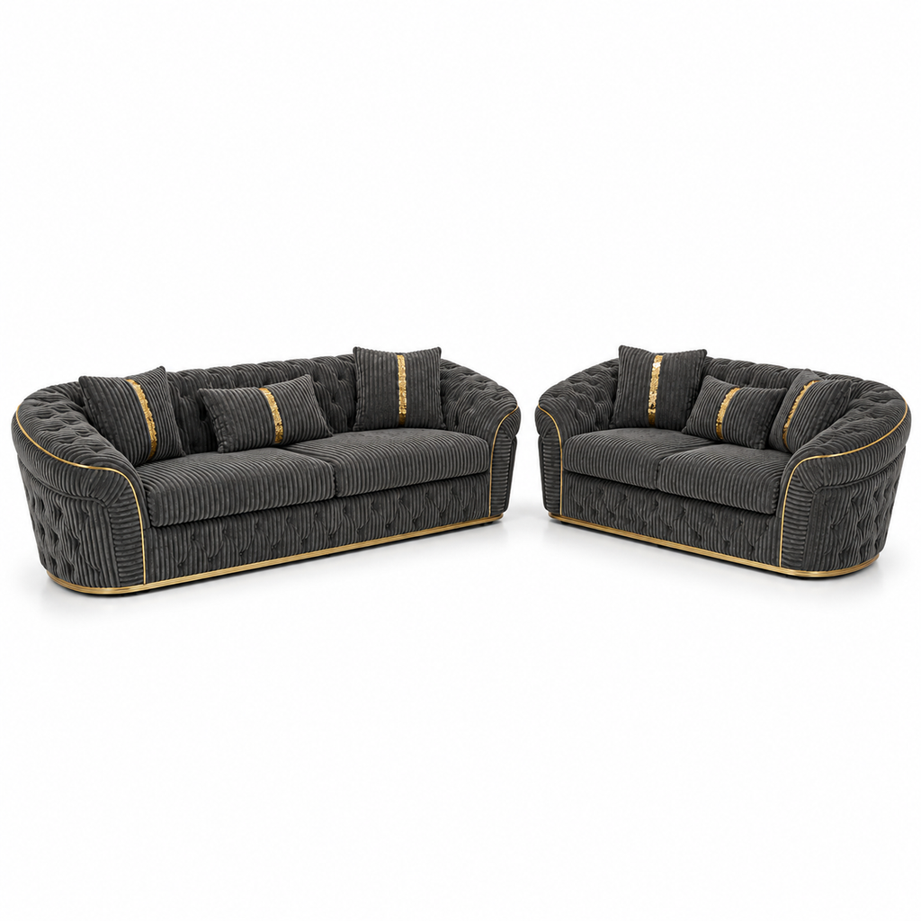 Madrid Chesterfield 3+2 Seater Jumbo Cord Dark Grey Sofa - Luxury UK Living Room Showcase