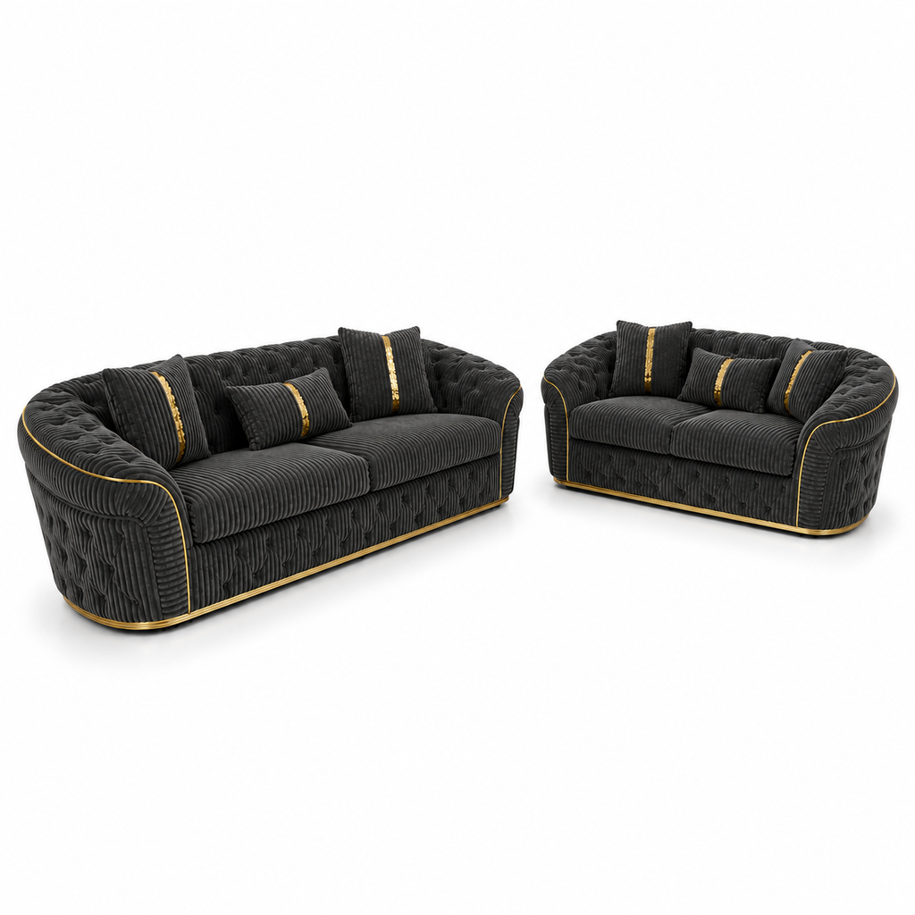Madrid Chesterfield 3+2 Seater Jumbo Cord Dark Grey Sofa - Detailed Angle View 2