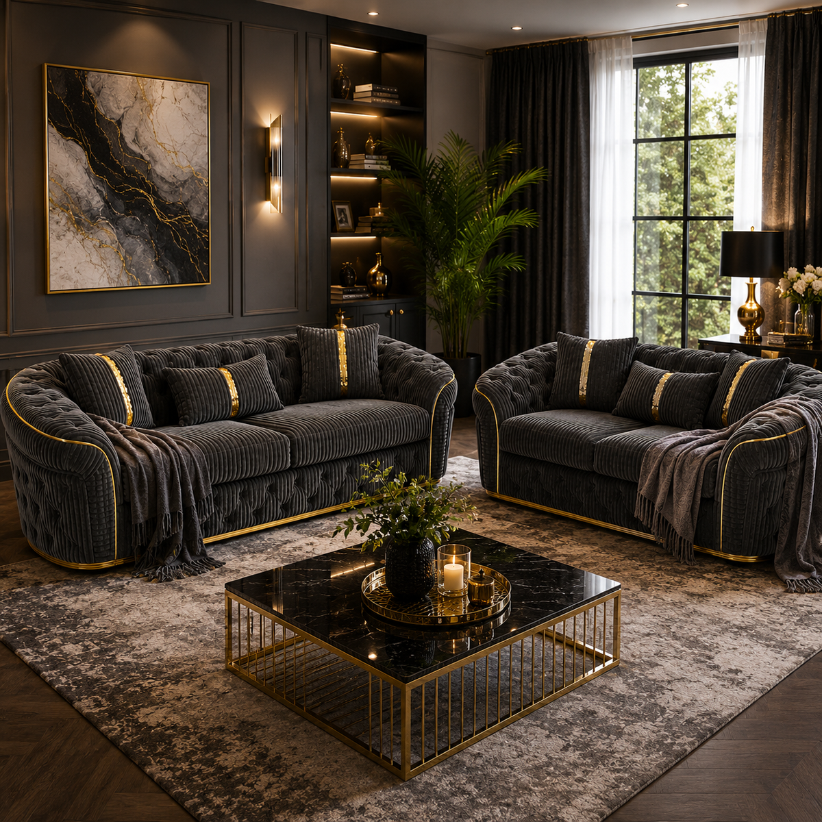 Madrid Chesterfield 3+2 Seater Jumbo Cord Dark Grey Sofa - Detailed Angle View 4