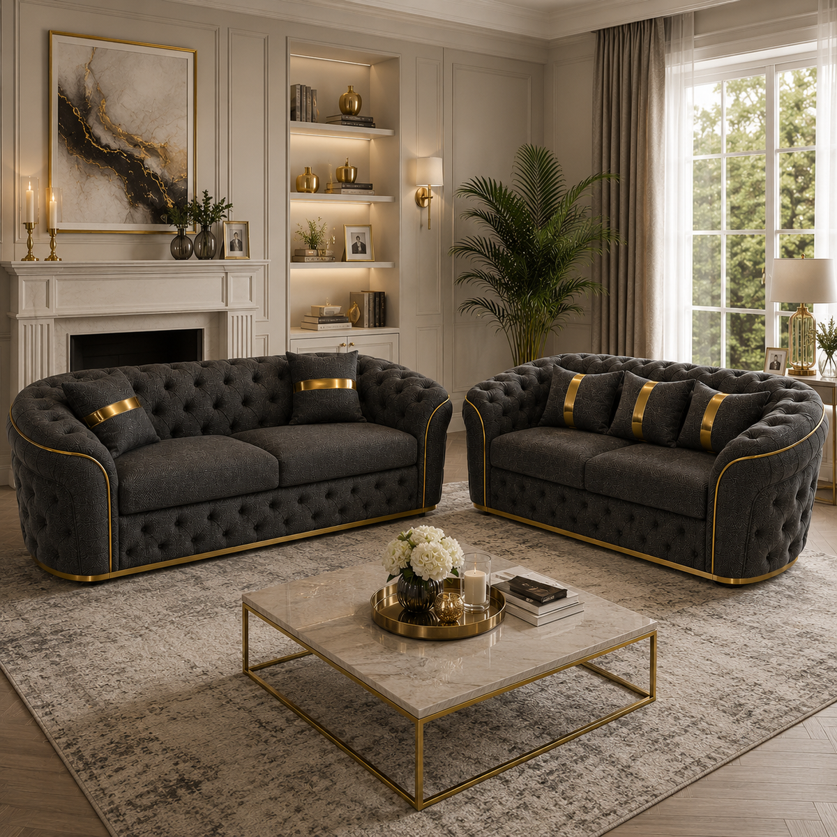 Madrid Chesterfield 3+2 Seater Naples & Kinsington Dark Grey Sofa - Detailed Angle View 4