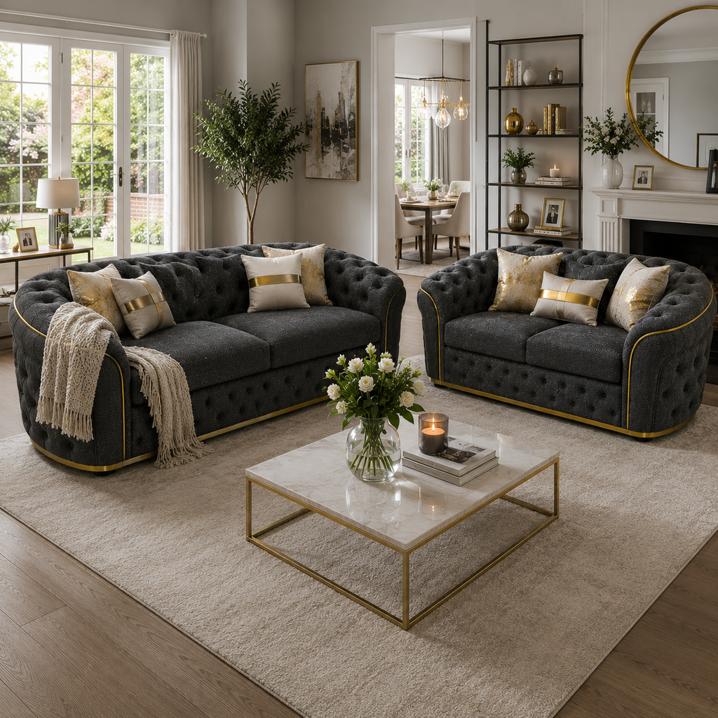 Madrid Chesterfield 3+2 Seater Naples & Kinsington Dark Grey Sofa - Detailed Angle View 5