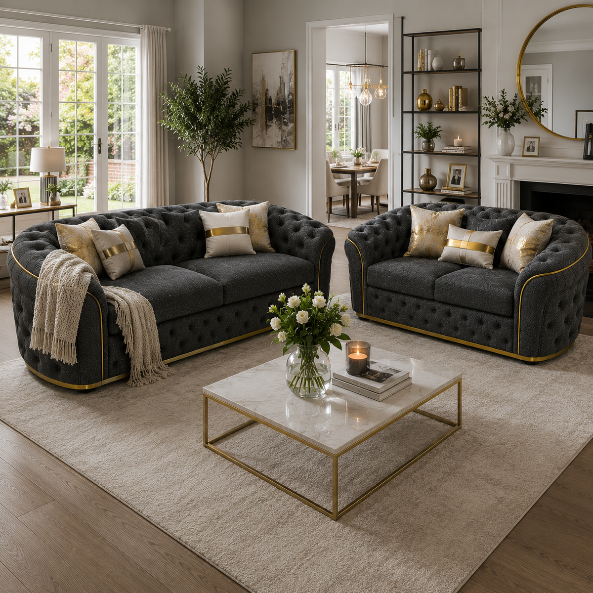 Madrid Chesterfield 3+2 Seater Naples & Kinsington Dark Grey Sofa - Detailed Angle View 5