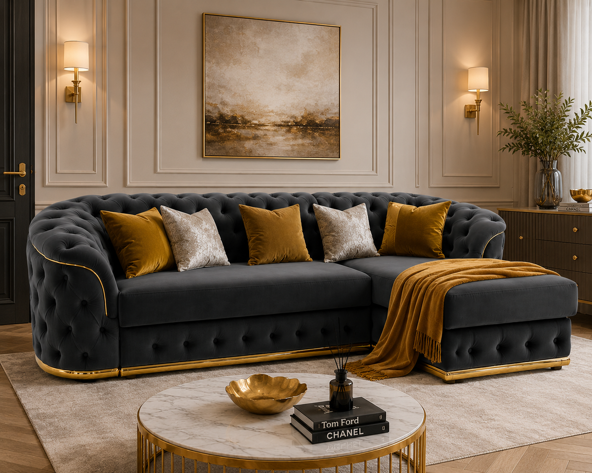 Madrid Chesterfield 4 Seater L-Shape Chaise Chenille Dark Grey Sofa - Detailed Angle View 5