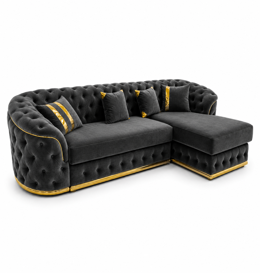 Madrid Chesterfield 4 Seater L-Shape Chaise Chenille Dark Grey Sofa - Luxury UK Living Room Showcase