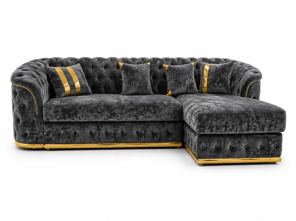 Madrid Chesterfield 4 Seater L-Shape Chaise Crush Velvet Dark Grey Sofa - Detailed Angle View 2