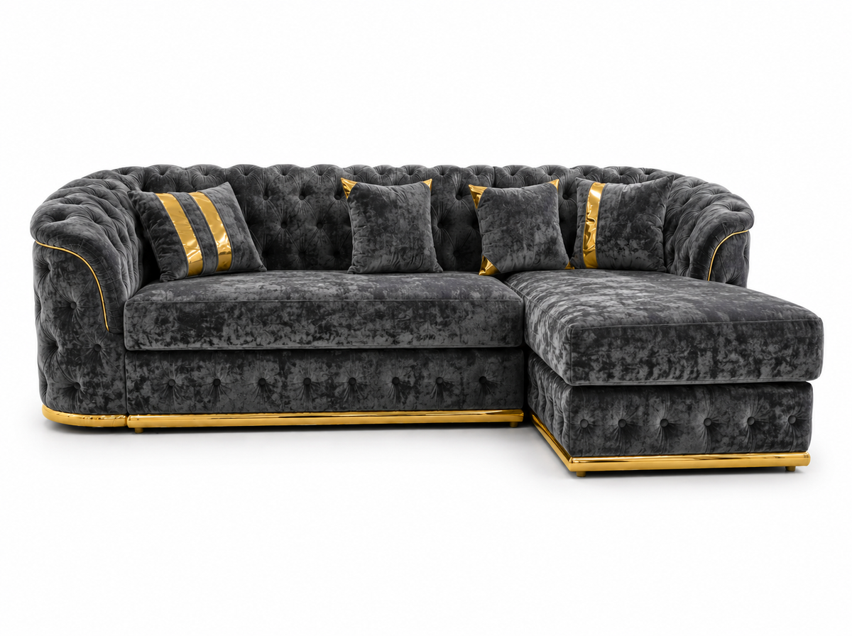 Madrid Chesterfield 4 Seater L-Shape Chaise Crush Velvet Dark Grey Sofa - Detailed Angle View 2