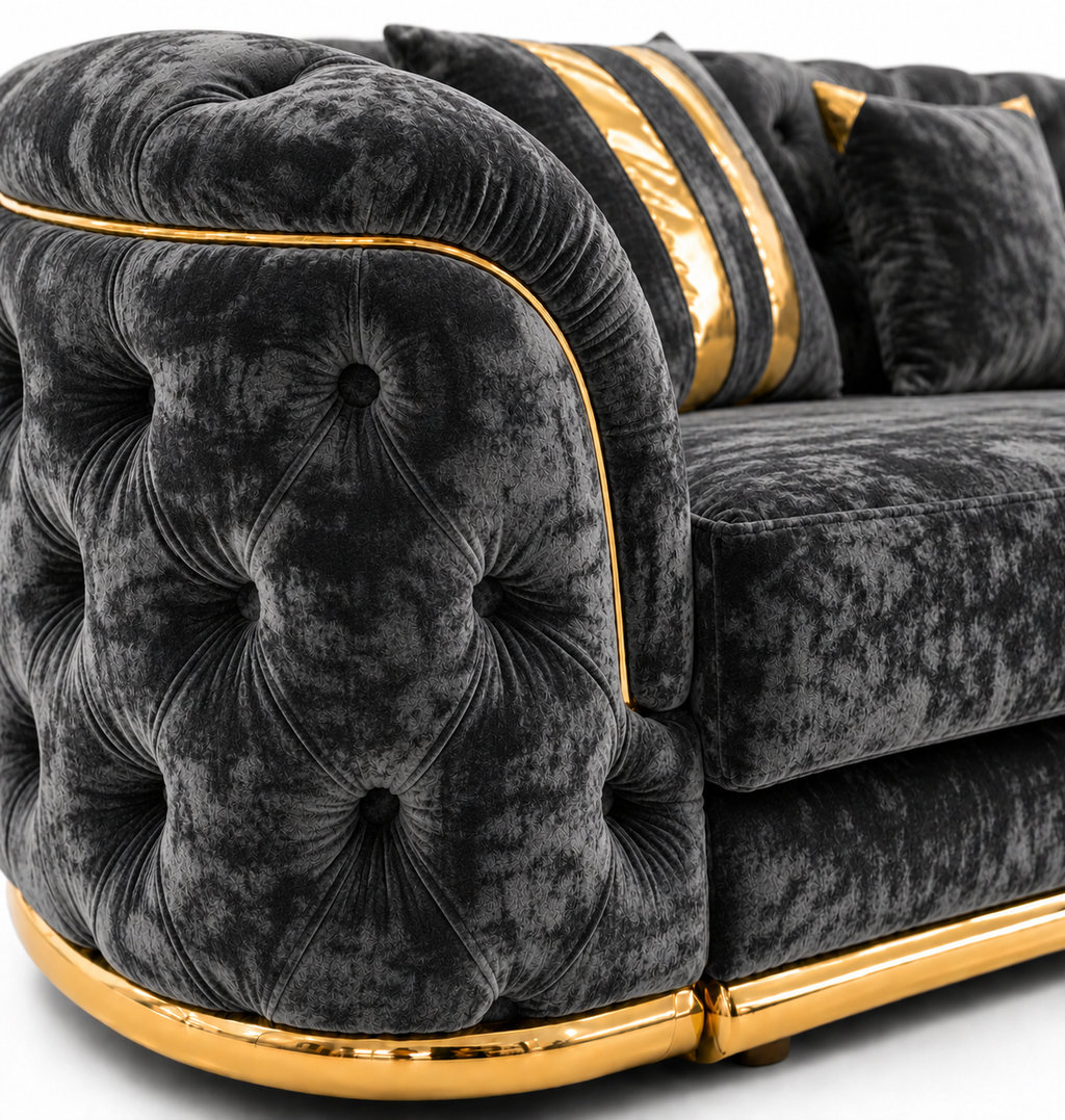 Madrid Chesterfield 4 Seater L-Shape Chaise Crush Velvet Dark Grey Sofa - Detailed Angle View 3