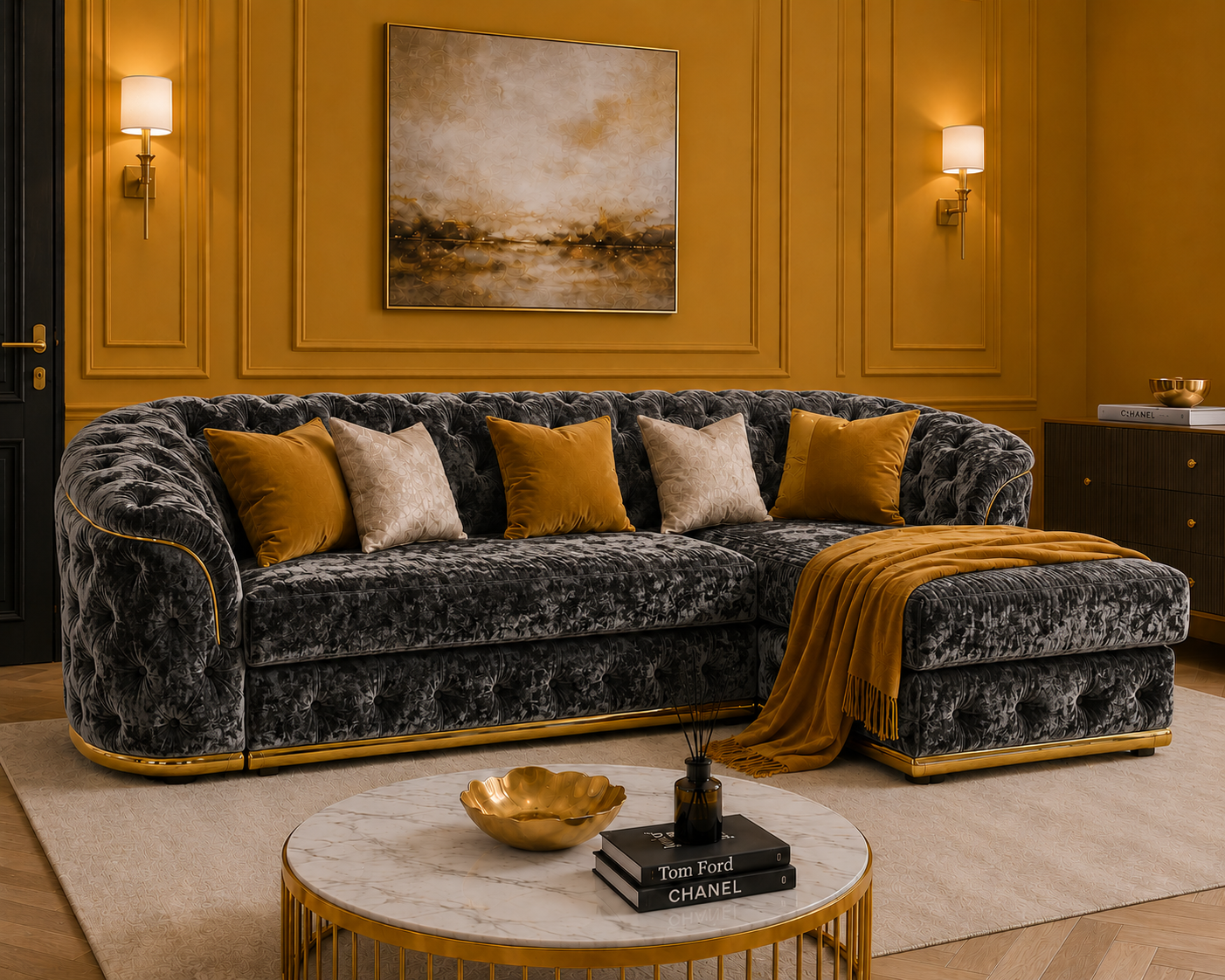 Madrid Chesterfield 4 Seater L-Shape Chaise Crush Velvet Dark Grey Sofa - Detailed Angle View 5