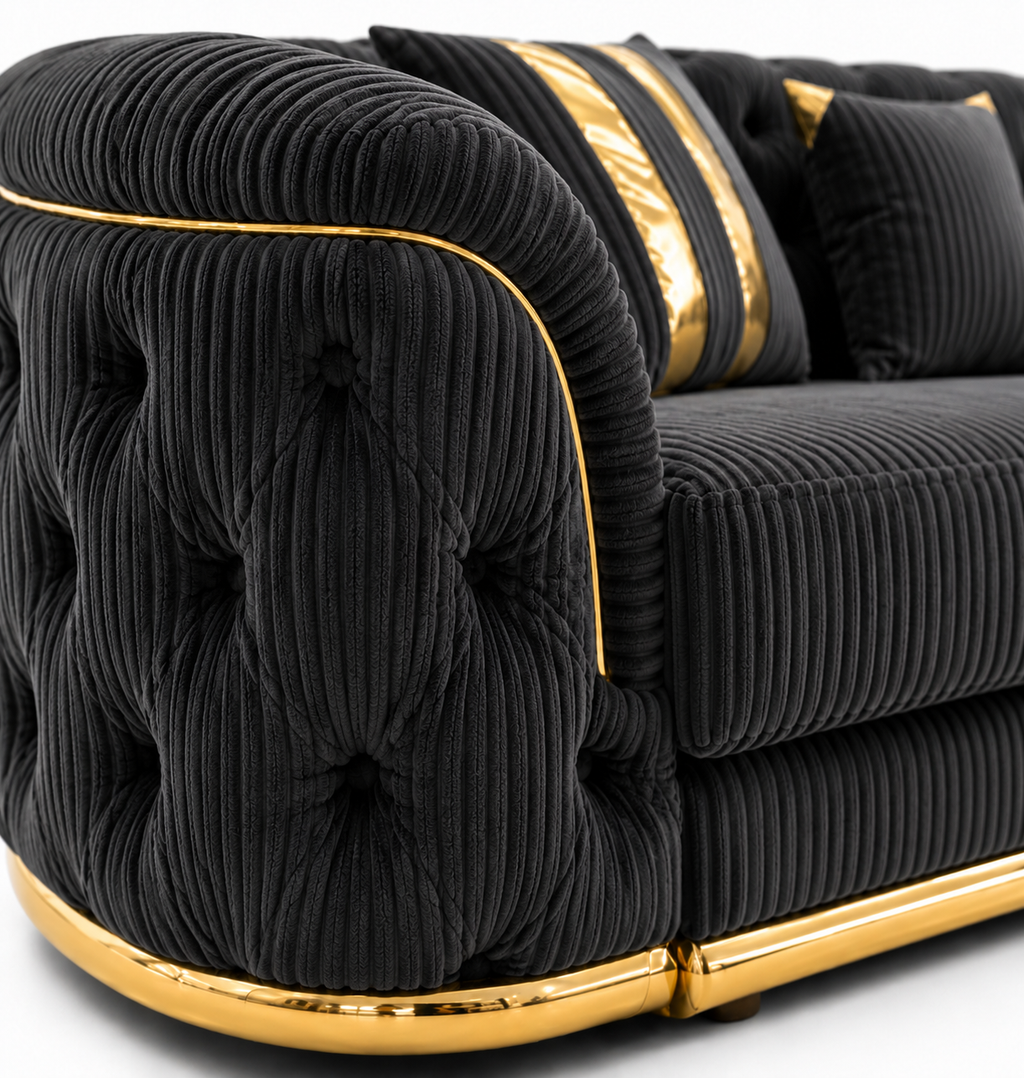 Madrid Chesterfield 4 Seater L-Shape Chaise Jumbo Cord Dark Grey Sofa - Detailed Angle View 3