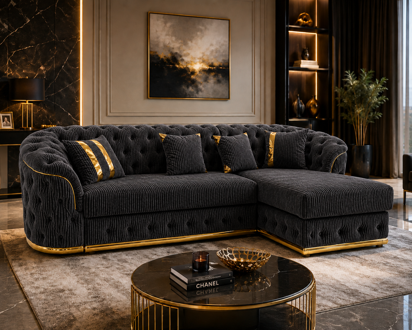 Madrid Chesterfield 4 Seater L-Shape Chaise Jumbo Cord Dark Grey Sofa - Detailed Angle View 4