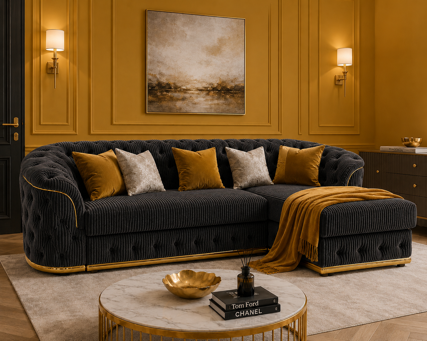 Madrid Chesterfield 4 Seater L-Shape Chaise Jumbo Cord Dark Grey Sofa - Detailed Angle View 5