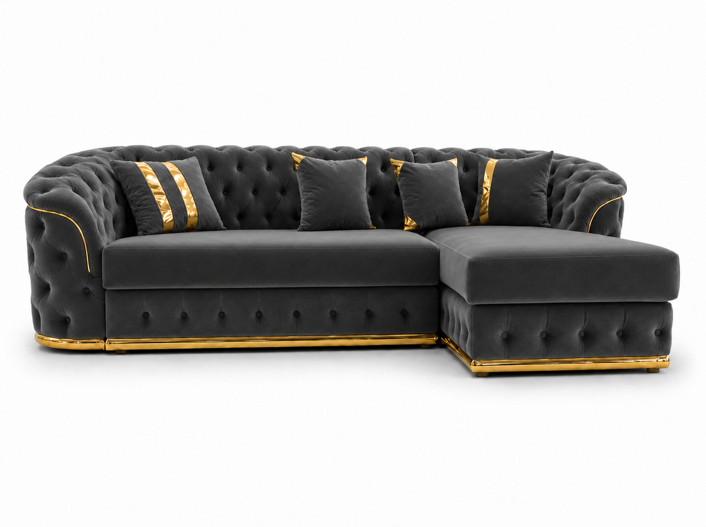 Madrid Chesterfield 4 Seater L-Shape Chaise Plush Velvet Dark Grey Sofa - Detailed Angle View 2