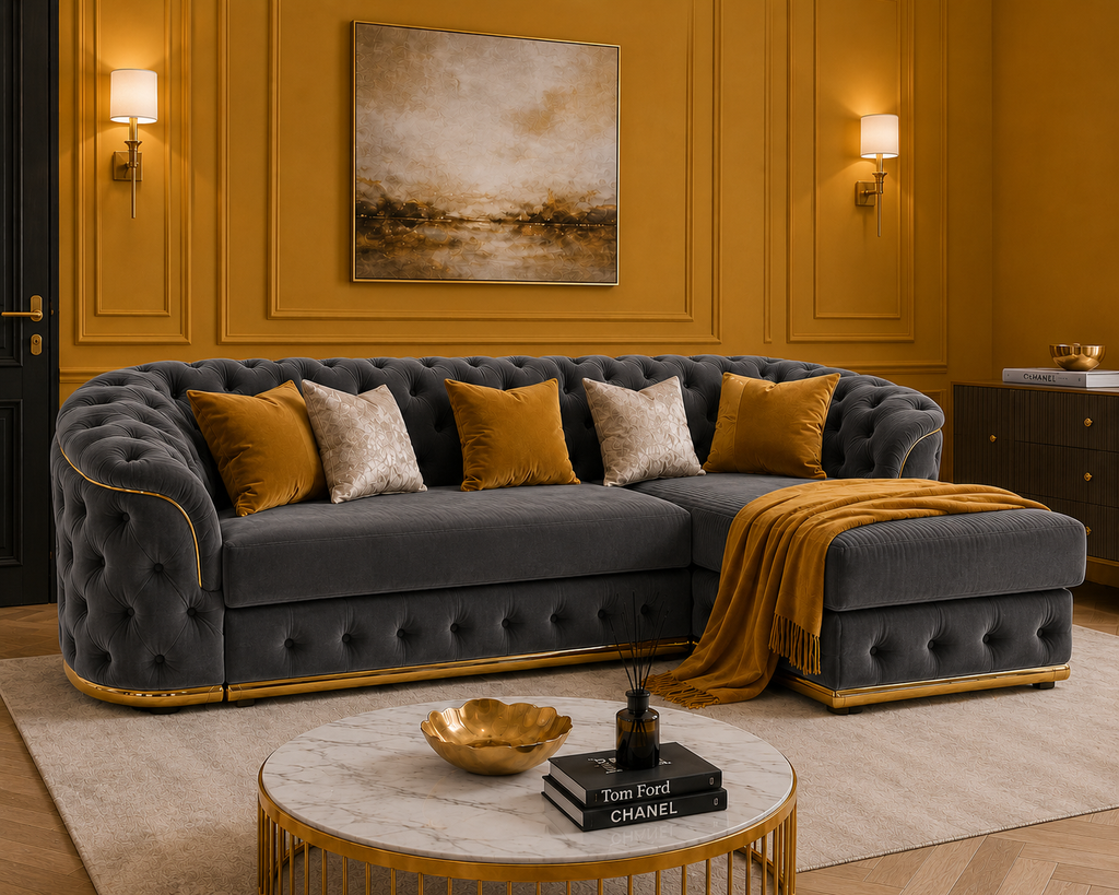 Madrid Chesterfield 4 Seater L-Shape Chaise Plush Velvet Dark Grey Sofa - Detailed Angle View 6