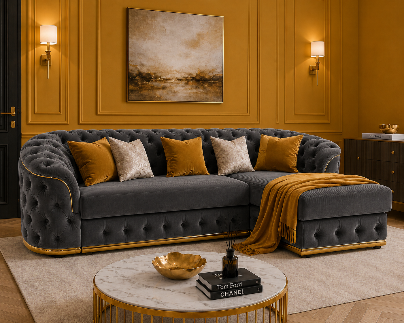 Madrid Chesterfield 4 Seater L-Shape Chaise Plush Velvet Dark Grey Sofa - Detailed Angle View 6