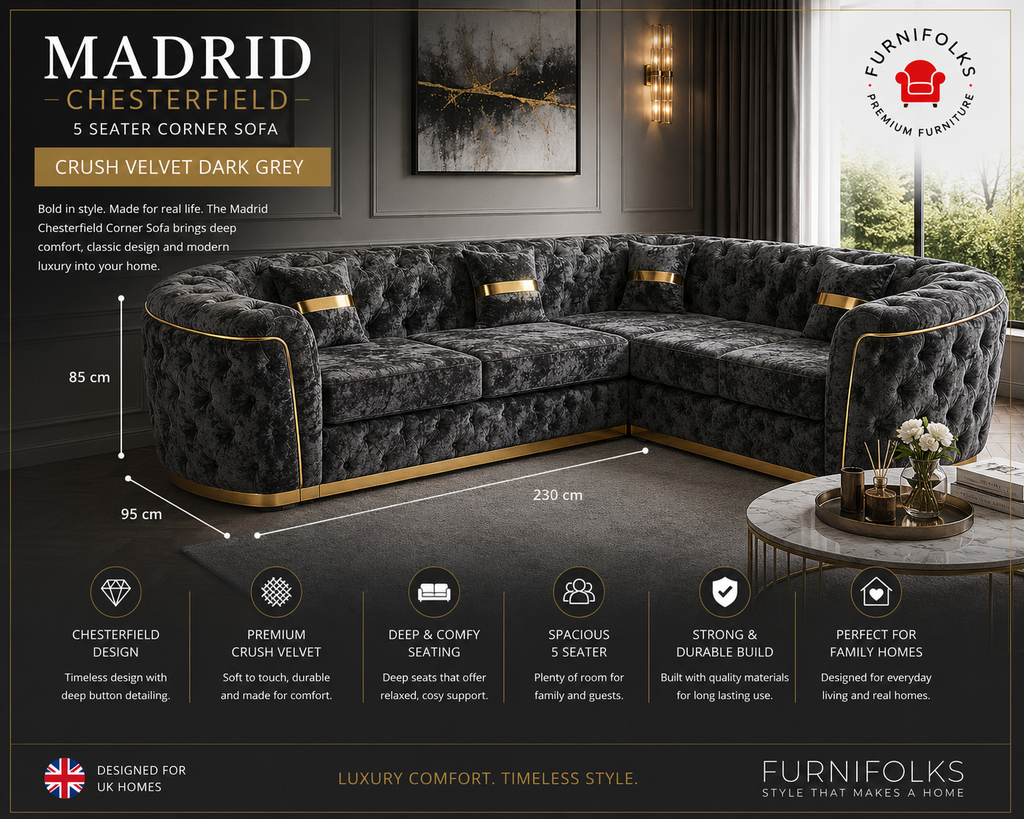 Madrid Chesterfield 5 Seater Corner Crush Velvet Dark Grey Sofa - Detailed Angle View 2