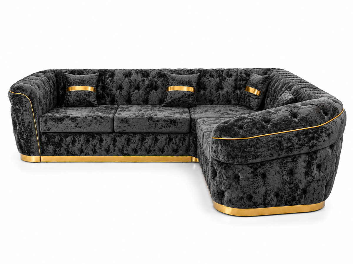 Madrid Chesterfield 5 Seater Corner Crush Velvet Dark Grey Sofa - Detailed Angle View 3