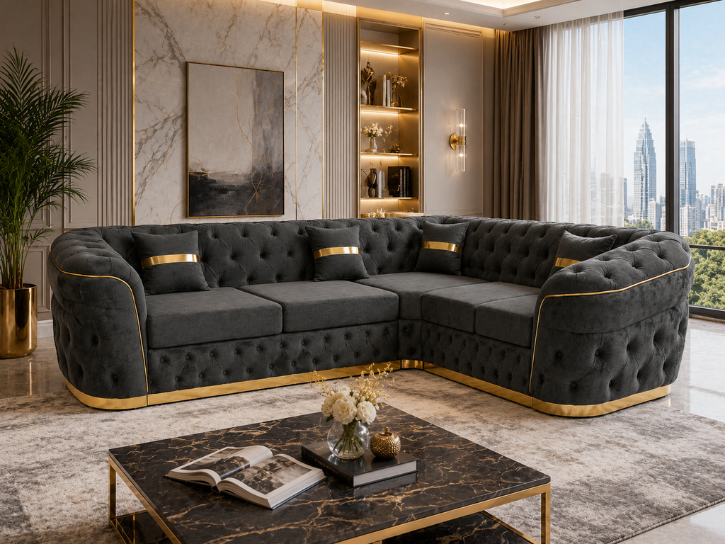 Madrid Chesterfield 5 Seater Corner Crush Velvet Dark Grey Sofa - Detailed Angle View 5