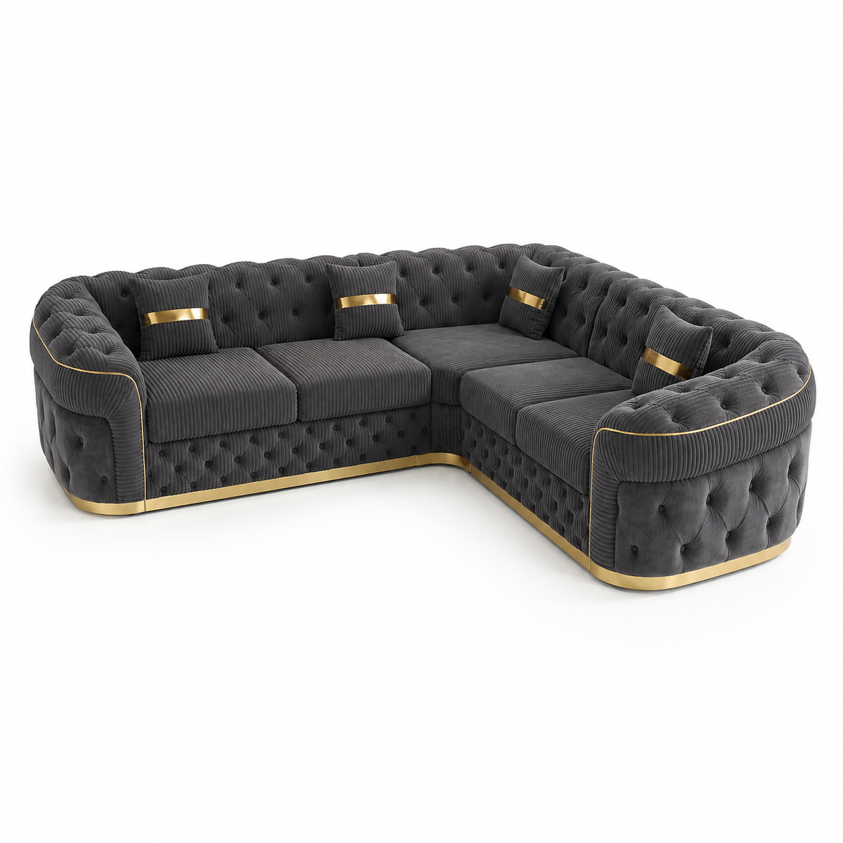 Madrid Chesterfield 5 Seater Corner Jumbo Cord Dark Grey Sofa - Luxury UK Living Room Showcase