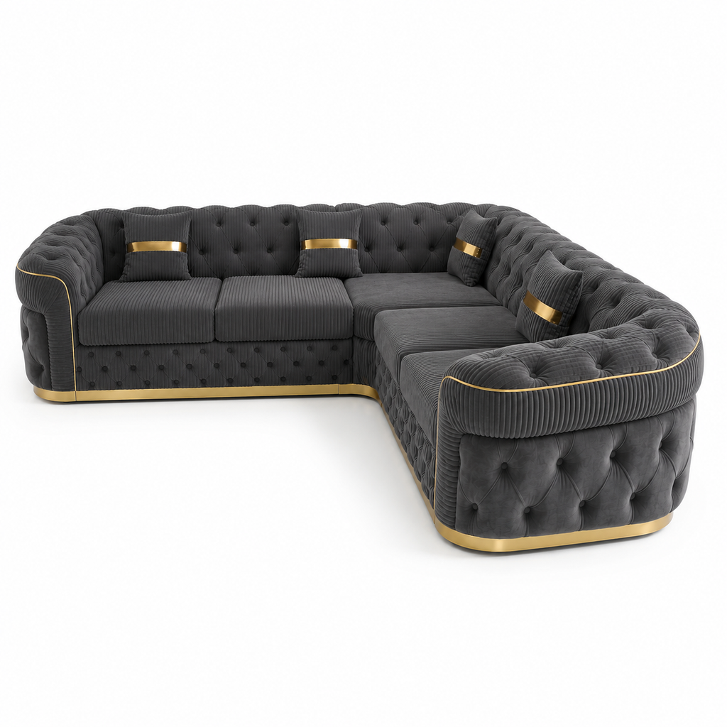 Madrid Chesterfield 5 Seater Corner Jumbo Cord Dark Grey Sofa - Detailed Angle View 3