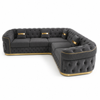 Madrid Chesterfield 5 Seater Corner Jumbo Cord Dark Grey Sofa - Detailed Angle View 3