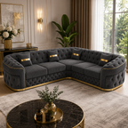 Madrid Chesterfield 5 Seater Corner Jumbo Cord Dark Grey Sofa - Detailed Angle View 5