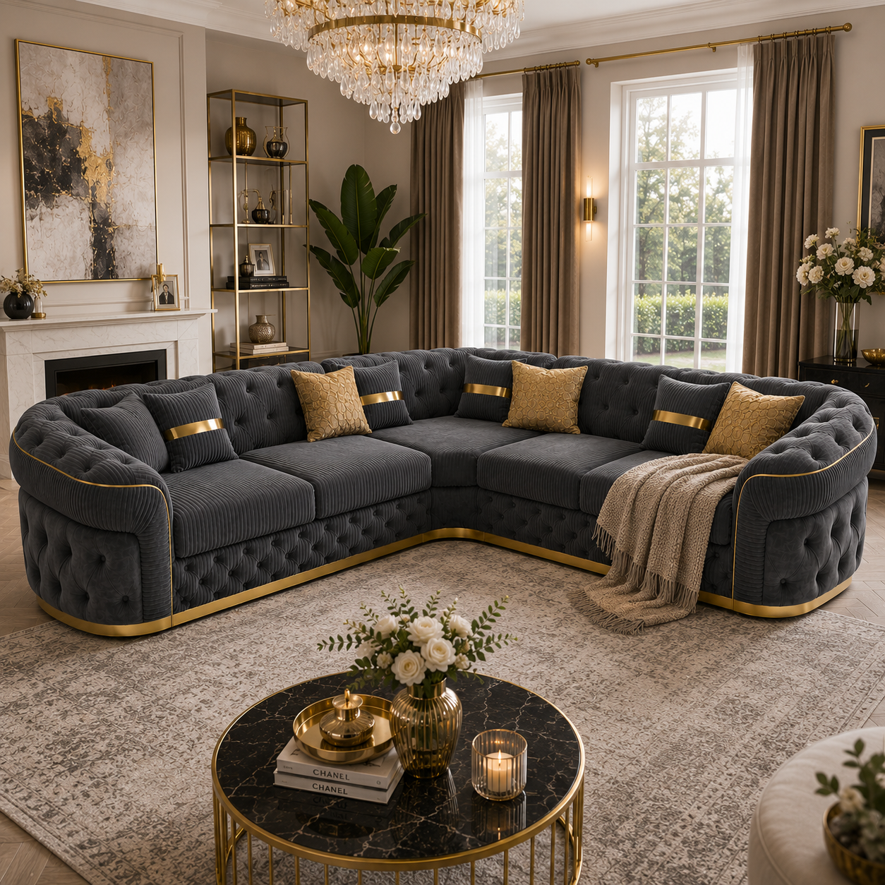 Madrid Chesterfield 5 Seater Corner Jumbo Cord Dark Grey Sofa - Detailed Angle View 6