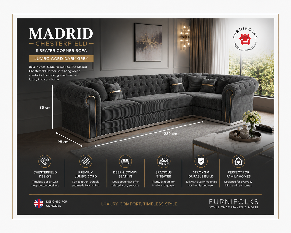 Madrid Chesterfield 5 Seater Corner Jumbo Cord Dark Grey Sofa - Detailed Angle View 2