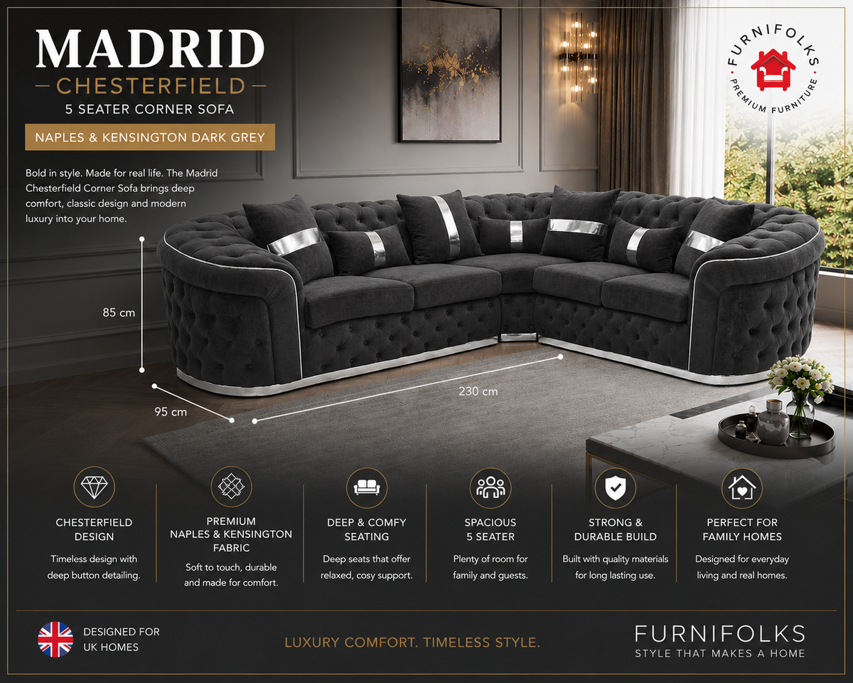Madrid Chesterfield 5 Seater Corner Naples & Kinsington Dark Grey Sofa - Detailed Angle View 2