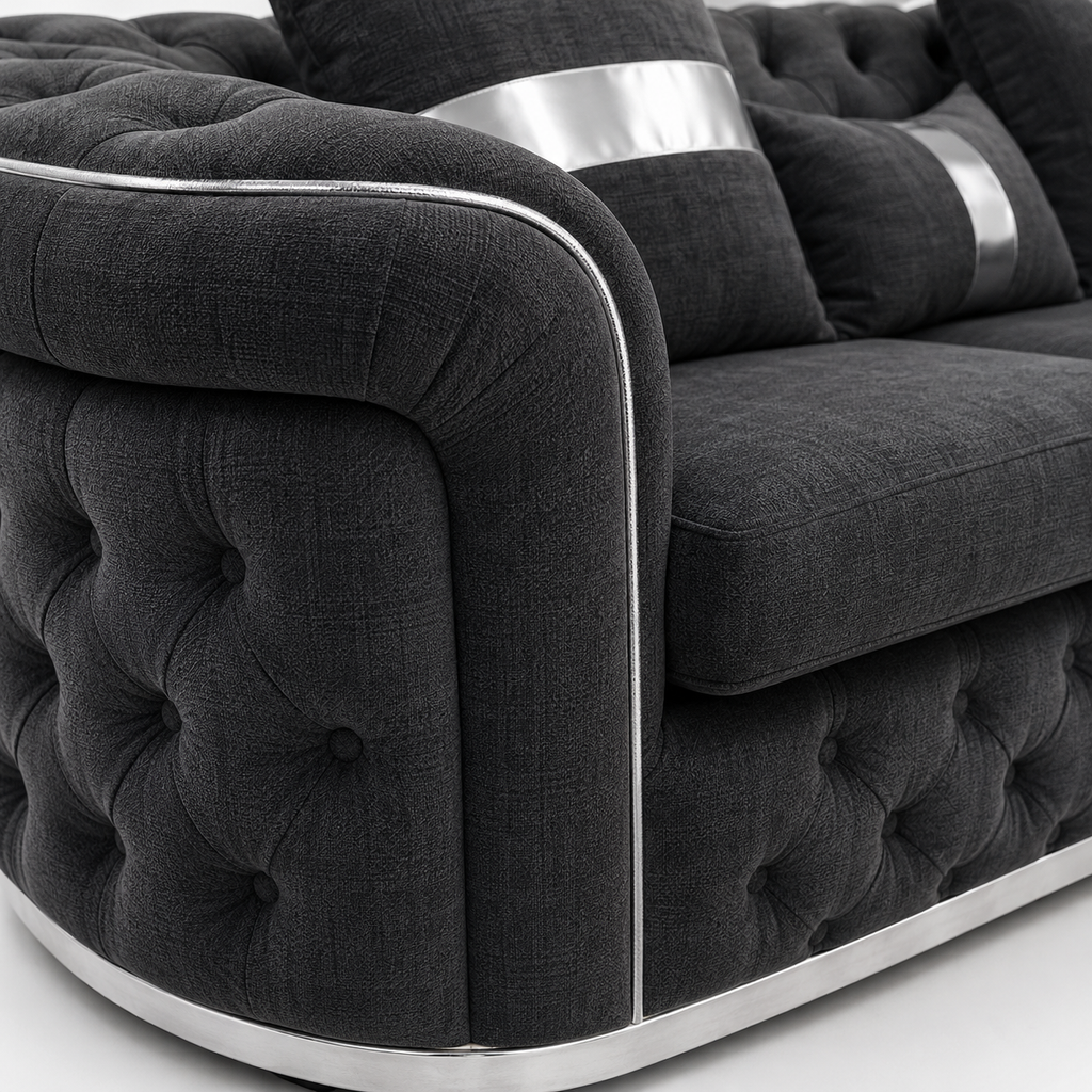 Madrid Chesterfield 5 Seater Corner Naples & Kinsington Dark Grey Sofa - Detailed Angle View 4