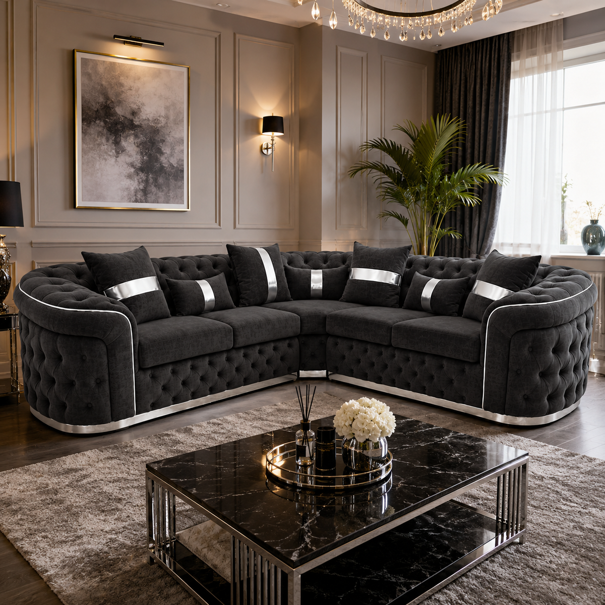 Madrid Chesterfield 5 Seater Corner Naples & Kinsington Dark Grey Sofa - Detailed Angle View 5