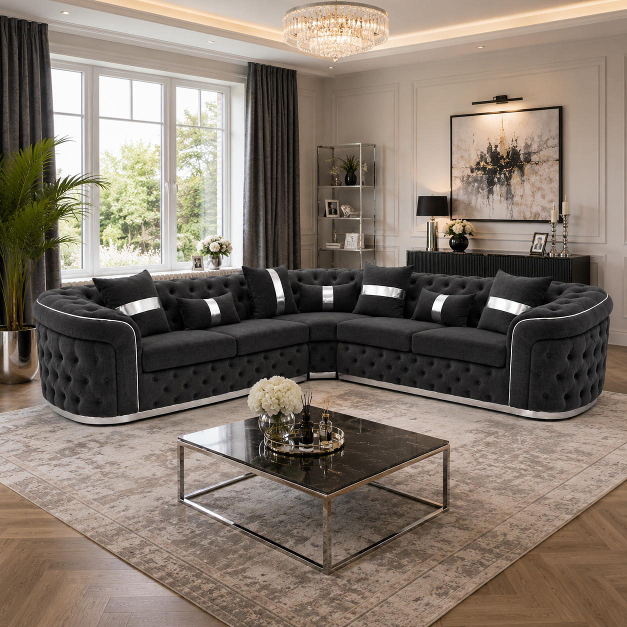 Madrid Chesterfield 5 Seater Corner Naples & Kinsington Dark Grey Sofa - Detailed Angle View 6