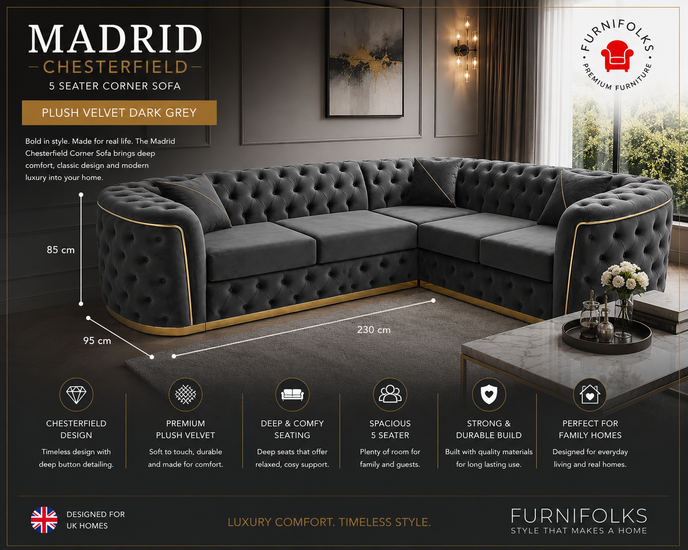 Madrid Chesterfield 5 Seater Corner Plush Velvet Dark Grey Sofa - Detailed Angle View 2