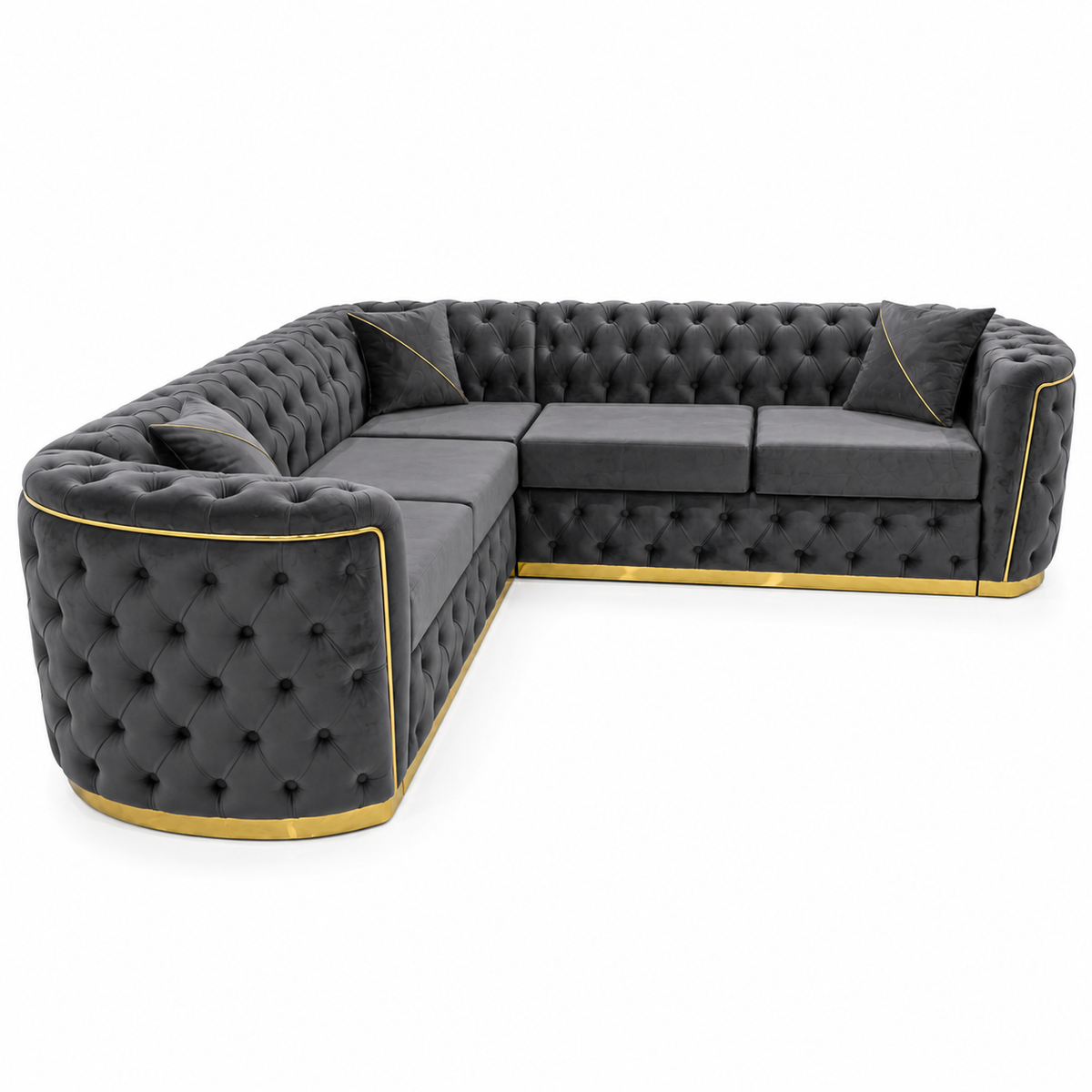 Madrid Chesterfield 5 Seater Corner Plush Velvet Dark Grey Sofa - Detailed Angle View 3