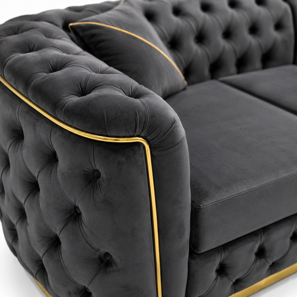 Madrid Chesterfield 5 Seater Corner Plush Velvet Dark Grey Sofa - Detailed Angle View 4