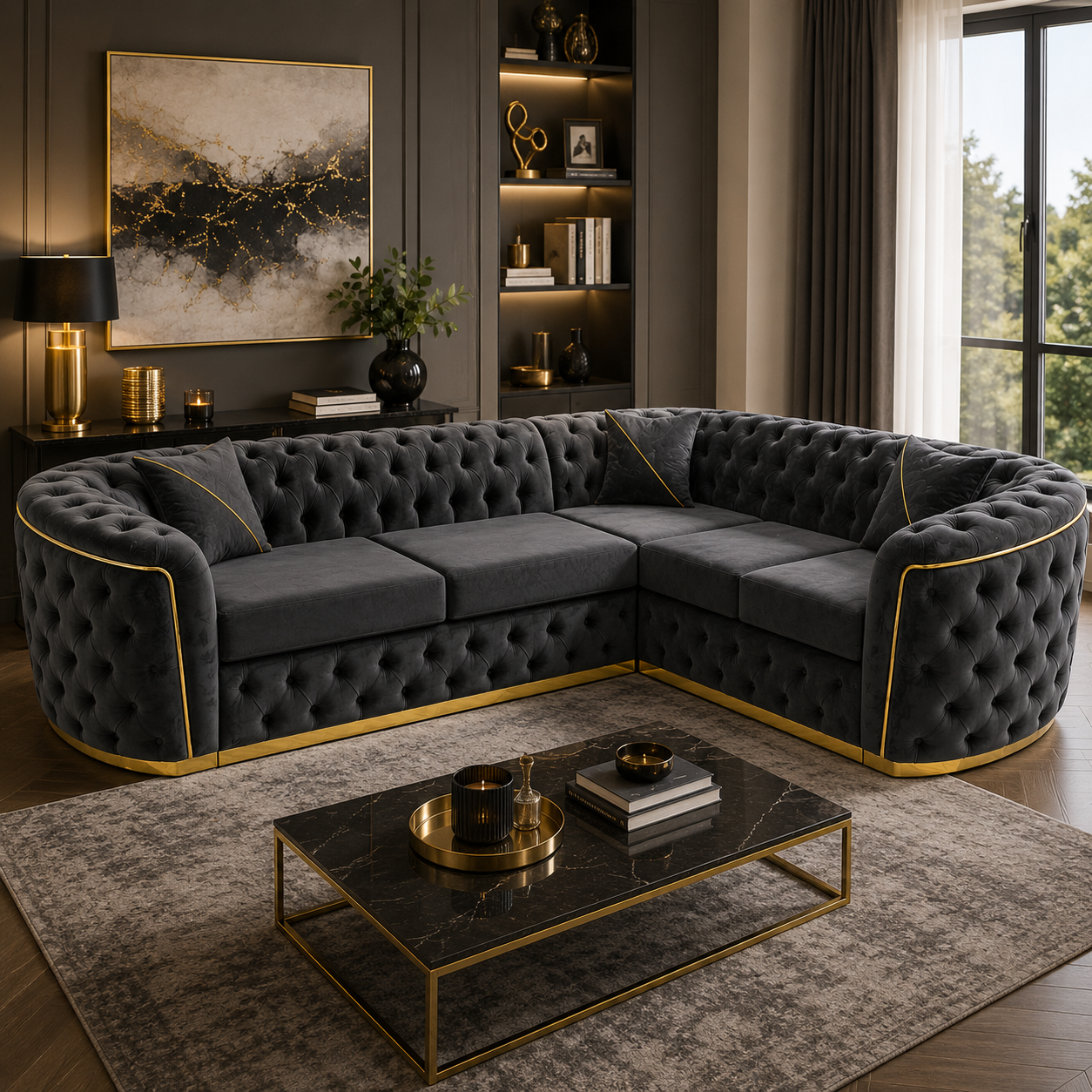 Madrid Chesterfield 5 Seater Corner Plush Velvet Dark Grey Sofa - Detailed Angle View 5