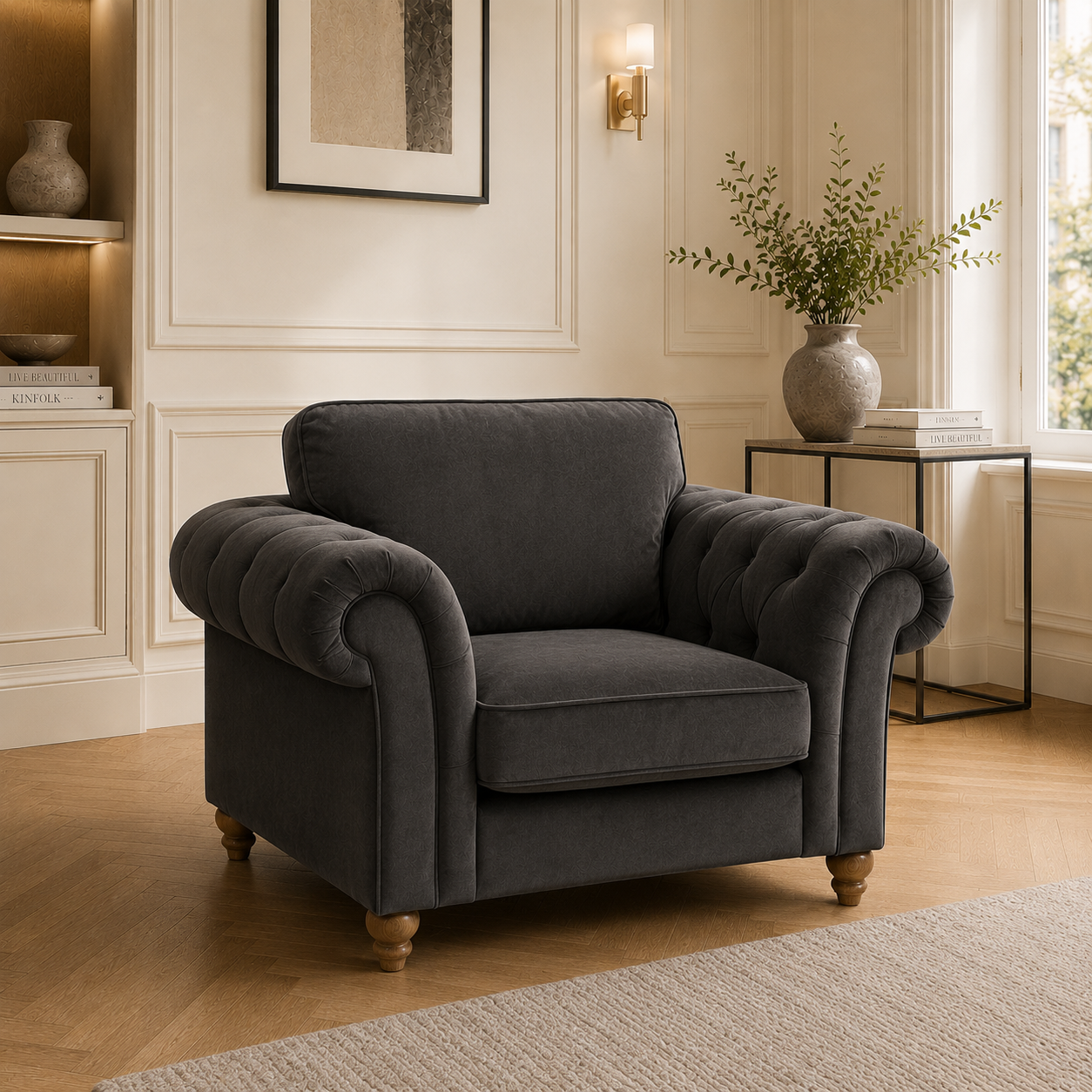 NICOLE 1 Seater Chenille Dark Grey Sofa | FurniFolks - Detailed Angle View 4