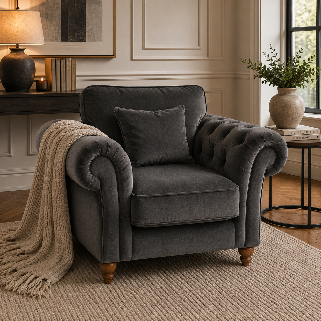 NICOLE 1 Seater Chenille Dark Grey Sofa | FurniFolks - Detailed Angle View 5